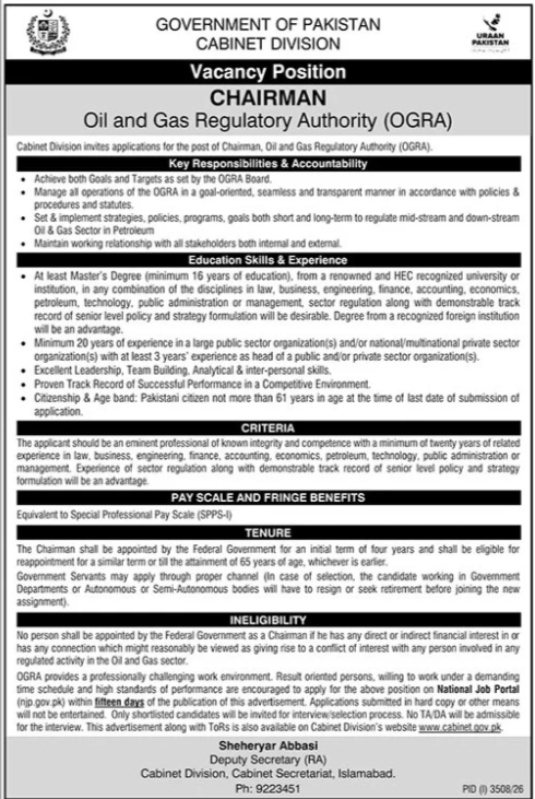 Official OGRA Chairman Job Advertisement Cabinet Division