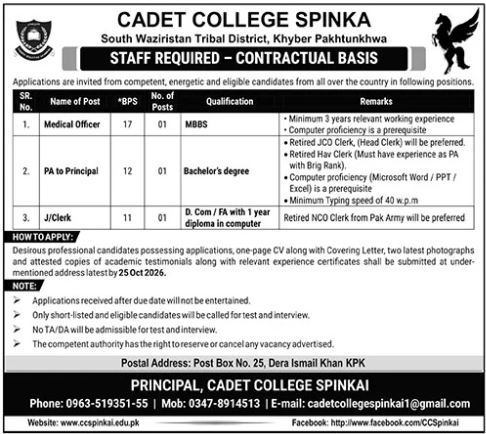 Official Cadet College Spinkai Job Advertisement