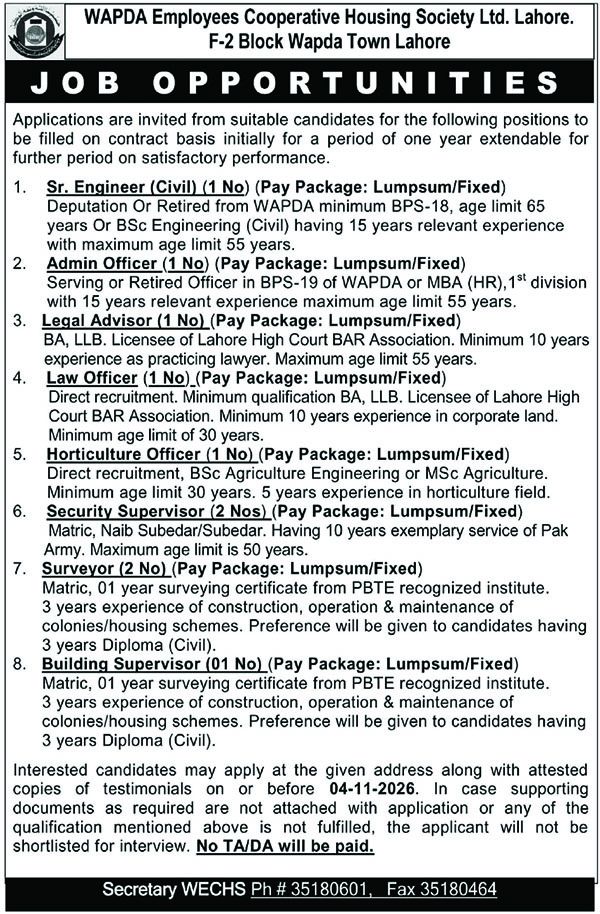 Official WAPDA Employees Cooperative Housing Society Lahore Job Advertisement