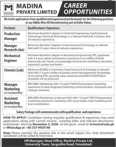 Official Madina Private Limited Job Advertisement