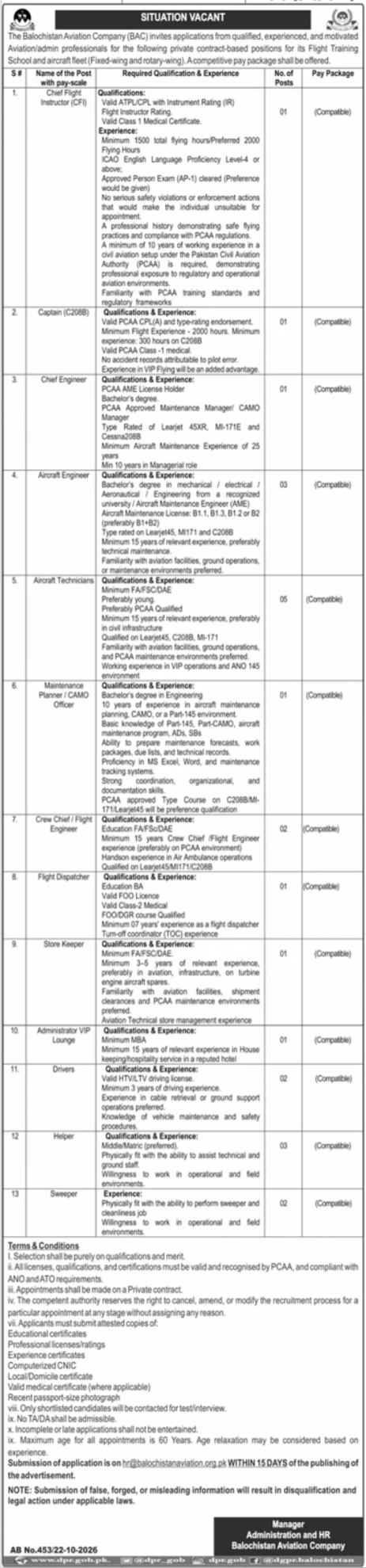 Official Balochistan Aviation Company BAC Job Advertisement